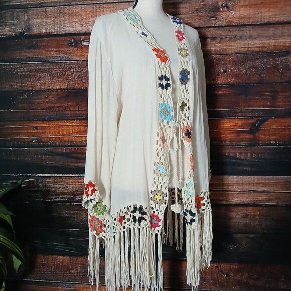 Anthropologie Kindred Top 1X Crochet Fringe Cardigan Boho Hippie Tie Front - Picture 4 of 9